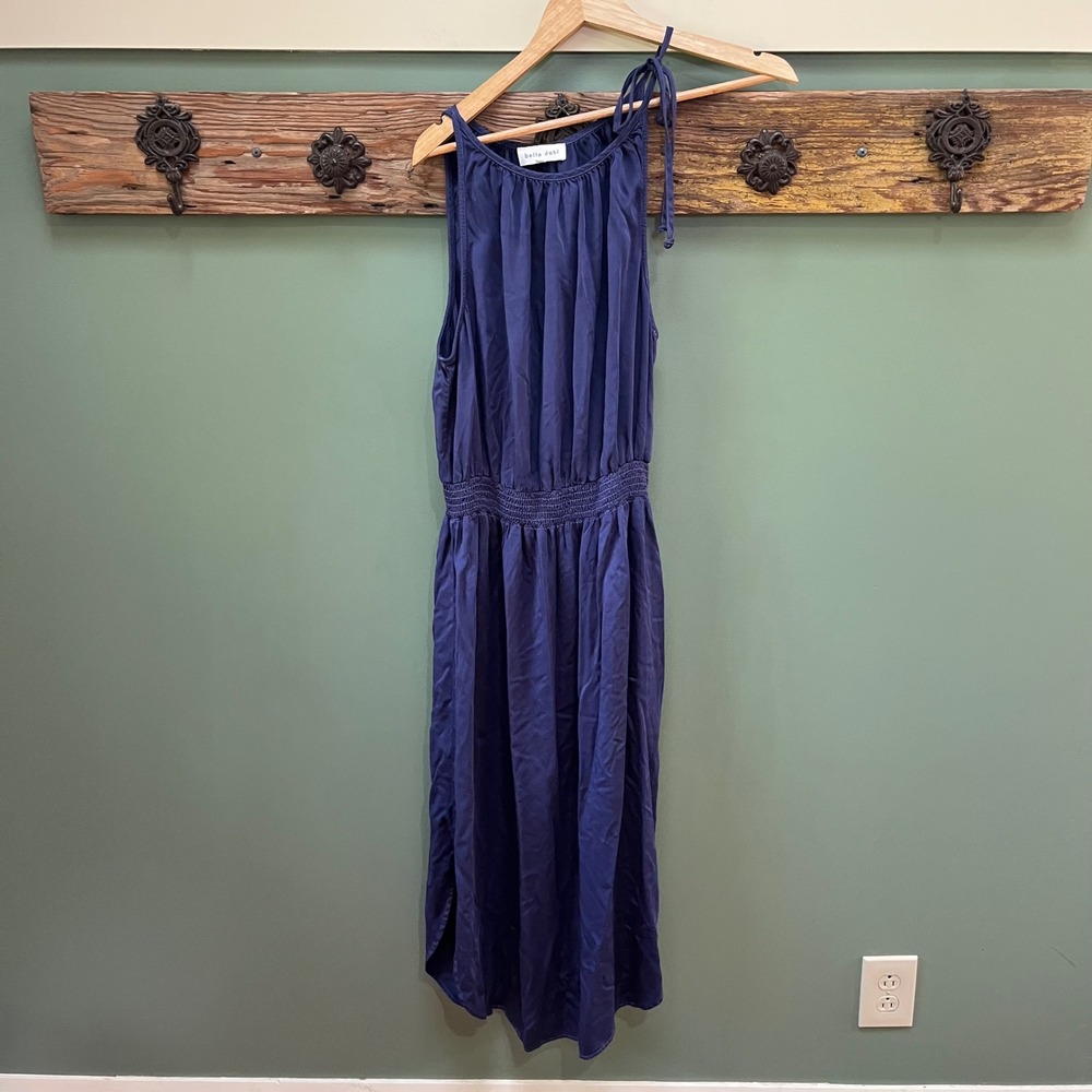 Bella Dahl Navy Blue Ecovero Smocked Waist Tie Shoulder Midi Dress B6836-C01-302